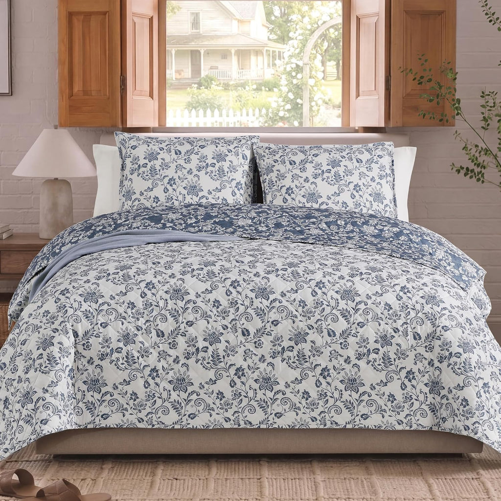 Quilt Set Queen, Oxford Blue Floral Quilt Sets, Reversible Bedspread Lightweight and Breathable for All Seasons, Soft