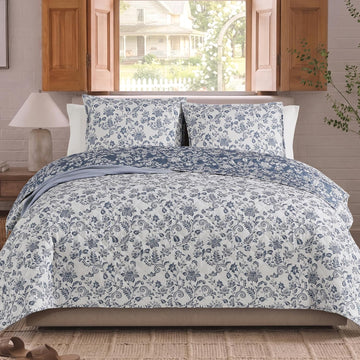 Quilt Set, Oxford Blue Floral Quilt Sets, Reversible Bedspread Lightweight and Breathable for All Seasons, Soft