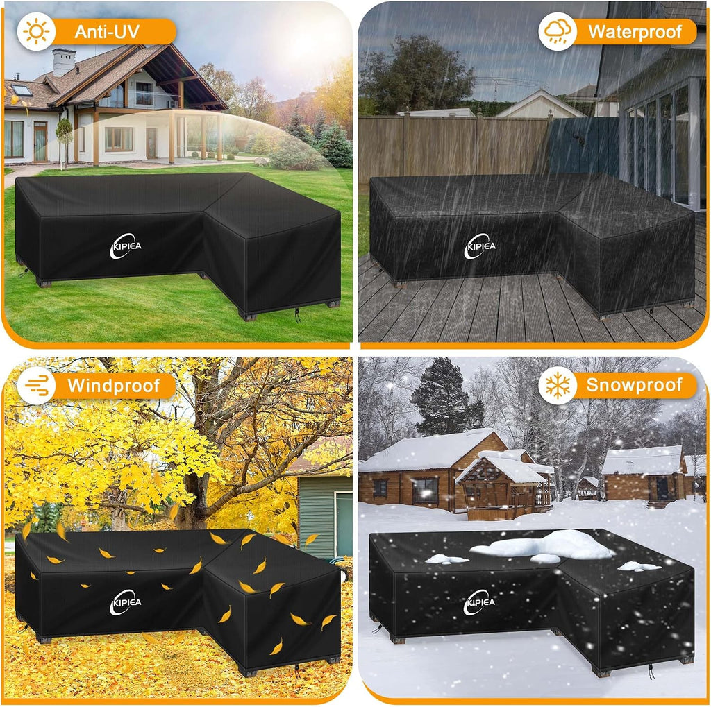 Patio L-Shaped Sectional Sofa Cover, 420D Heavy-Duty Oxford Fabric Outdoor Sectional Cover with 6 Windproof Buckles