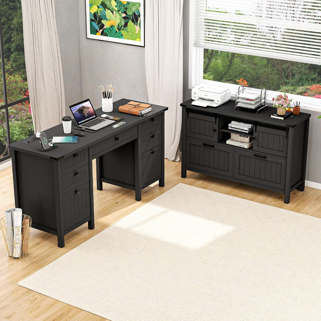 Lateral File Cabinet with Charging Station, Filing Cabinets | Farmhouse 2 Drawer Office Credenza with Outlets for