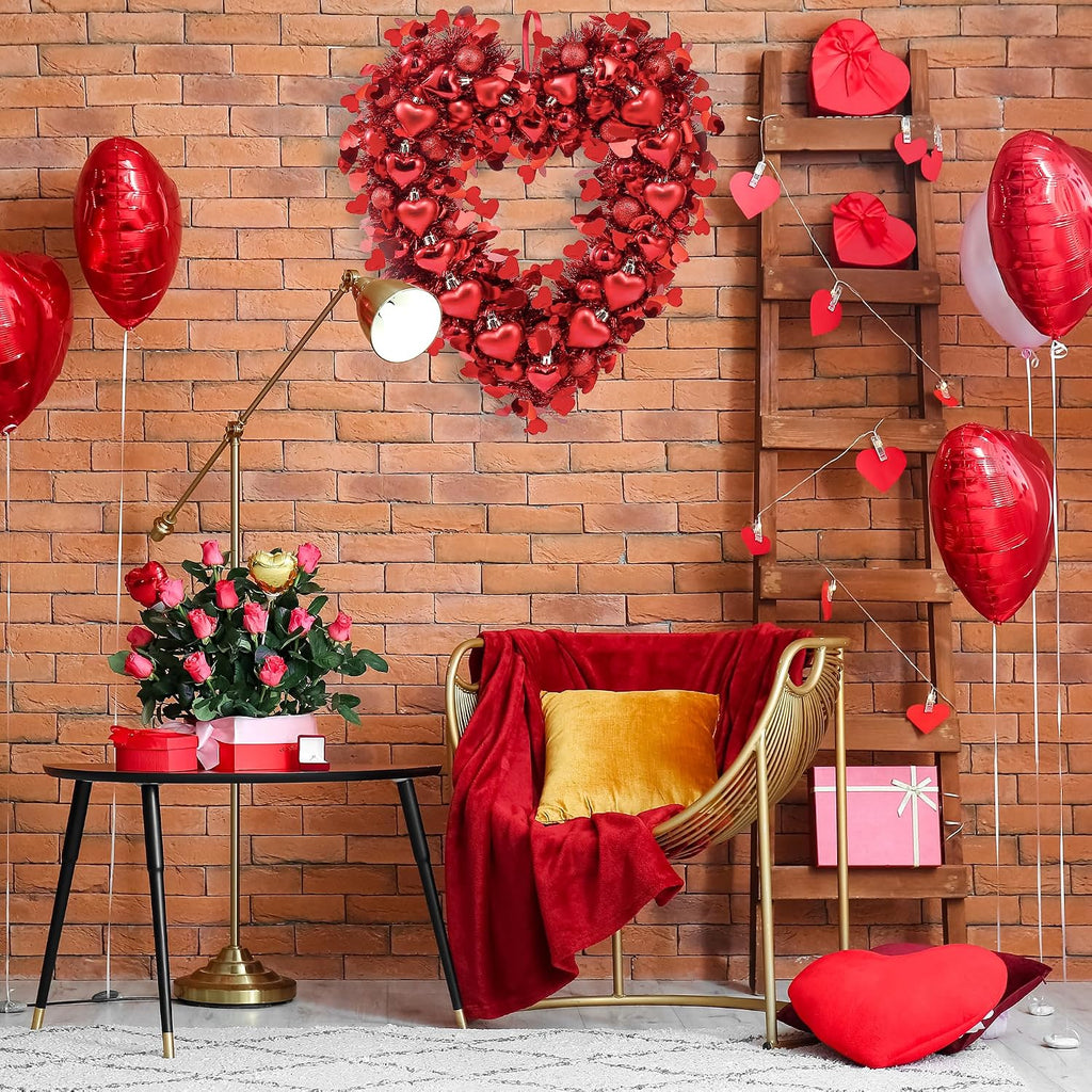 17.7" Heart Shaped Wreath Valentine's Day Red Heart Wreath for Front Door Wedding Party Anniversary Wall Decor Gift