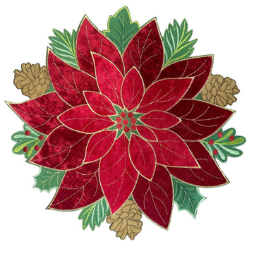 Holiday Christmas Placemats Set of 4, Embroidered Red Velvet Poinsettia Cutwork Christmas Table Decorations, Red