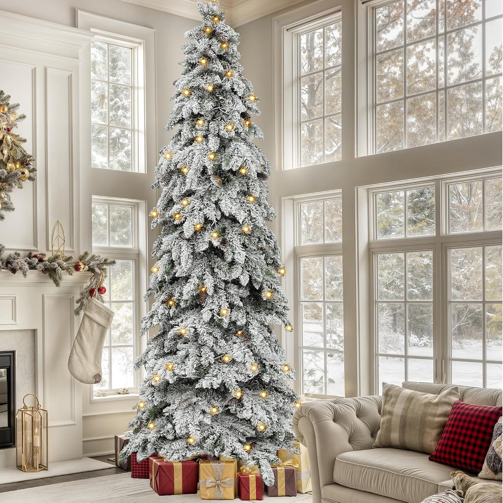 Prelit Flocked Drooping Pencil Christmas Tree with Pine Cone