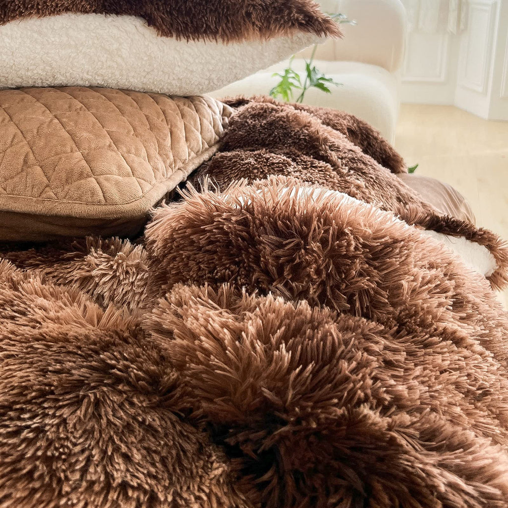 Faux Fur Shaggy Fluffy Comforter Set Mixed Coffee Brwon and White Long Hair, 3 Pieces Plush Flannel Sherpa