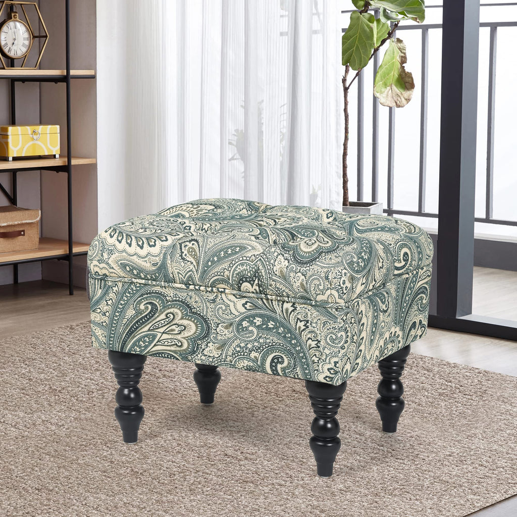 20'' Tufted Ottoman- Vanity Ottoman Stool with Sturdy Wood Legs- Mid-Century Teal Boho Paisley Floral Faux Linen