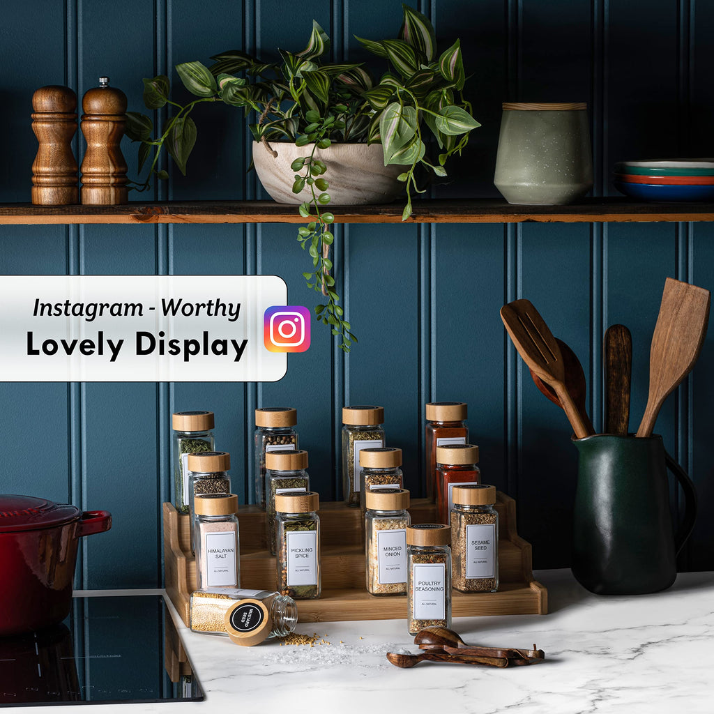 Glass Spice Jars with Label Set, Bamboo Lids & Funnel - Kitchen Airtight Storage Jars with Lids - Spices and