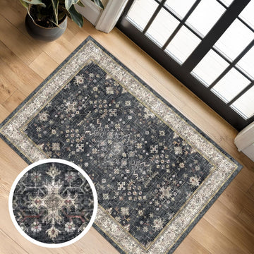 2x3 Black Washable Entryway Rug, Non-Slip Indoor Door Mat with Rubber Backing Vintage Floral