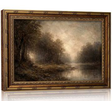 Vintage Gold Framed Forest River Wall Art Serene Woodland Landscape Canvas