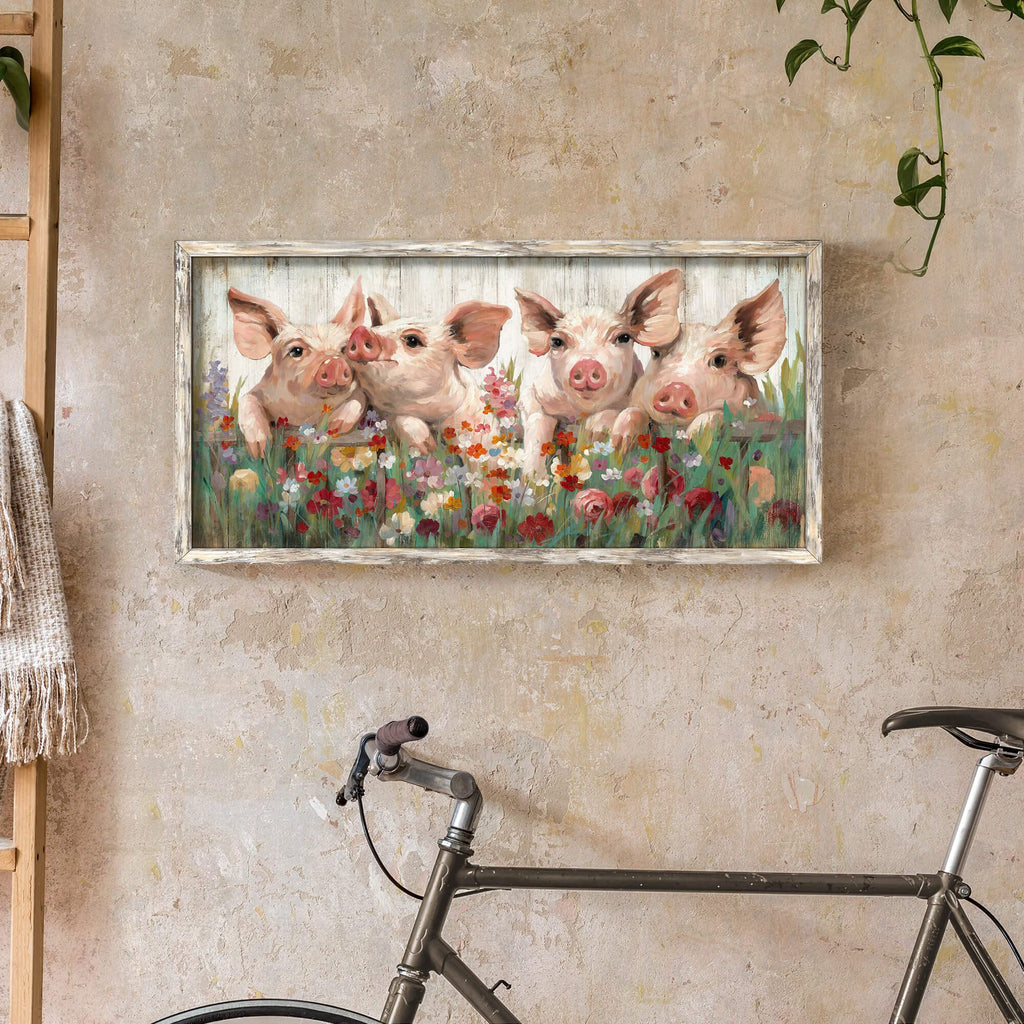 Pig Wooden Framed Wall Art: Rustic Farmhouse Artwork Funny Cute Pink Piggy Farm Animal Picture Print Countryside