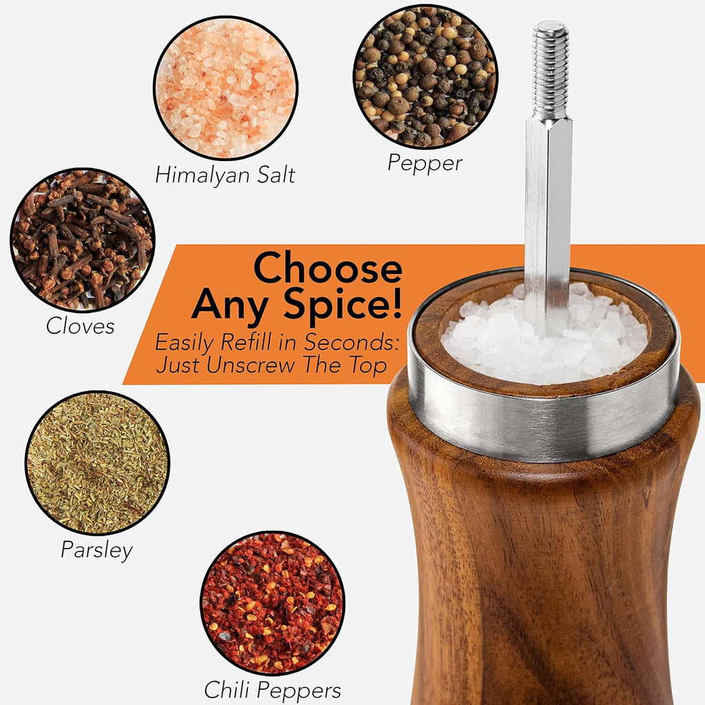 Wooden Salt and Pepper Grinder Set: Refillable Salt & Pepper Mills Adjust for Customized Coarseness, Crafted of Solid - Set of 2