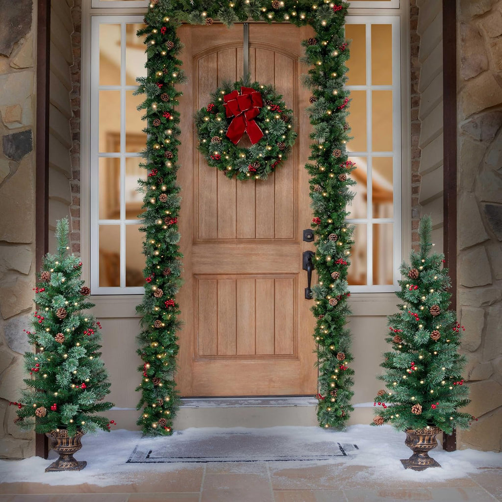 4 Foot Tall Pre-lit Carolina Potted Christmas Tree for Front Porch with 80 Soft White LED Lights on Auto Timer