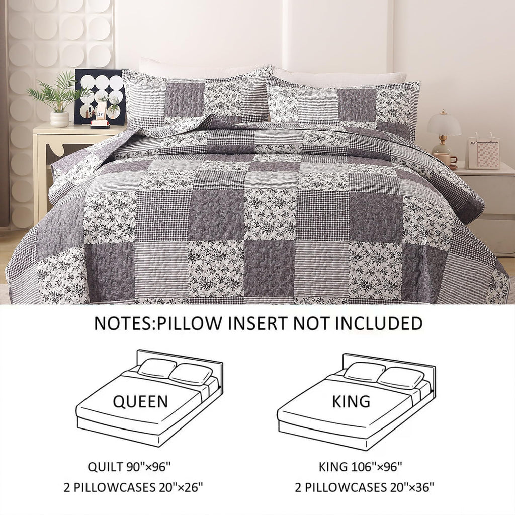 3Pcs Quilt Set, Floral Prints and Stripes with Patchwork Pattern, Soft Microfiber Lightweight Bedspread for