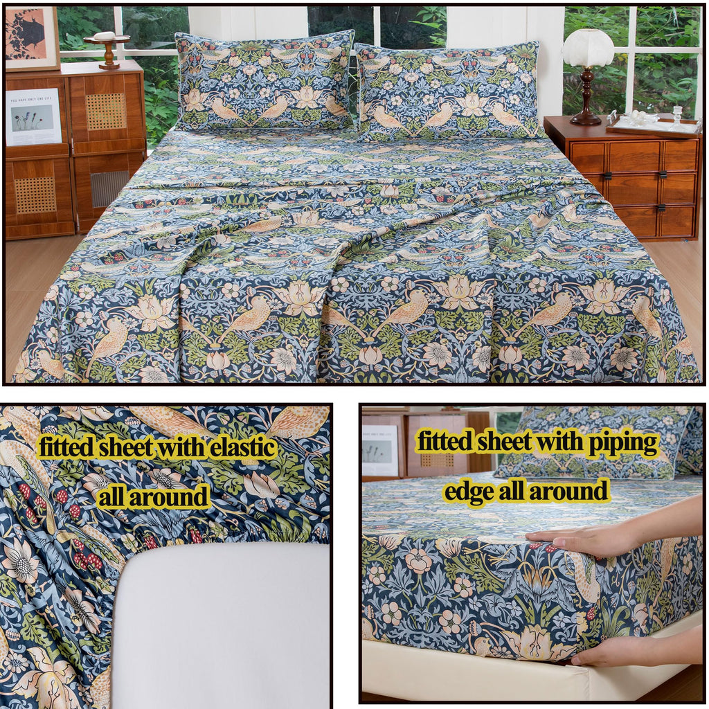 King 100% Egyptian Cotton Sheets Set 4 Piece, Vintage Botanical Floral Bird Print, Luxury Soft Breathable Cooling