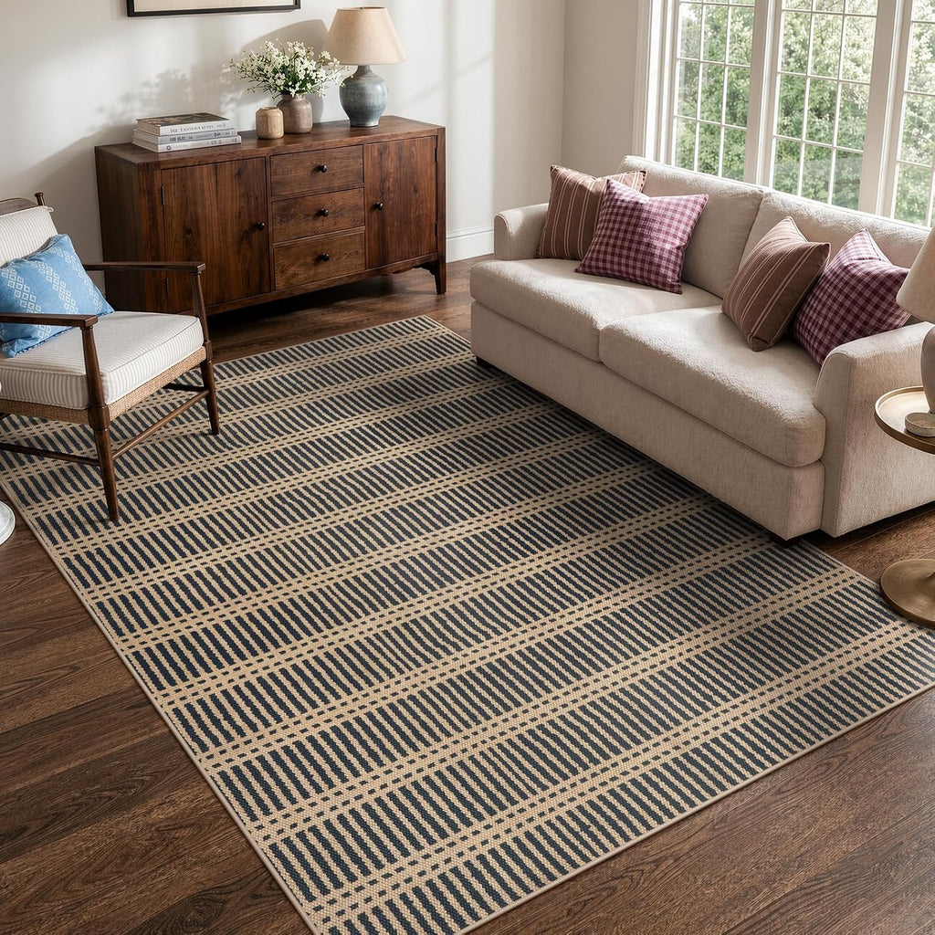 Striped Easy Jute Outdoor Rug, Black Washable Rugs Living Room, Indoor Outdoor Non Slip Area Rug, Farmhouse