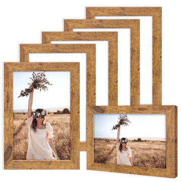 5x7 Picture Frame Set of 6, Rustic Wood Photo Frame Walnut Brown