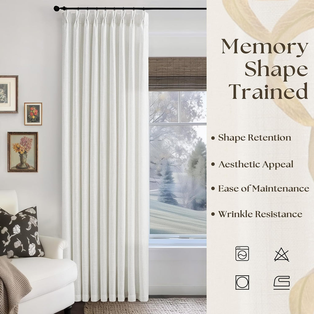 Ivory White Pinch Pleated Linen Curtains 1 Panel for Living Room Bedroom Memory Training Shaped Semi Sheer Pleat