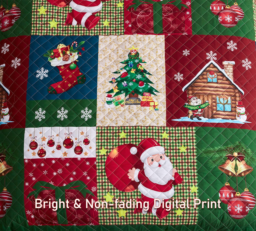 Christmas Oversized Bedspread King Size, Santa Claus Pattern Bedding Quilt, Rustic Lodge Plaid Patchwork Coverlet
