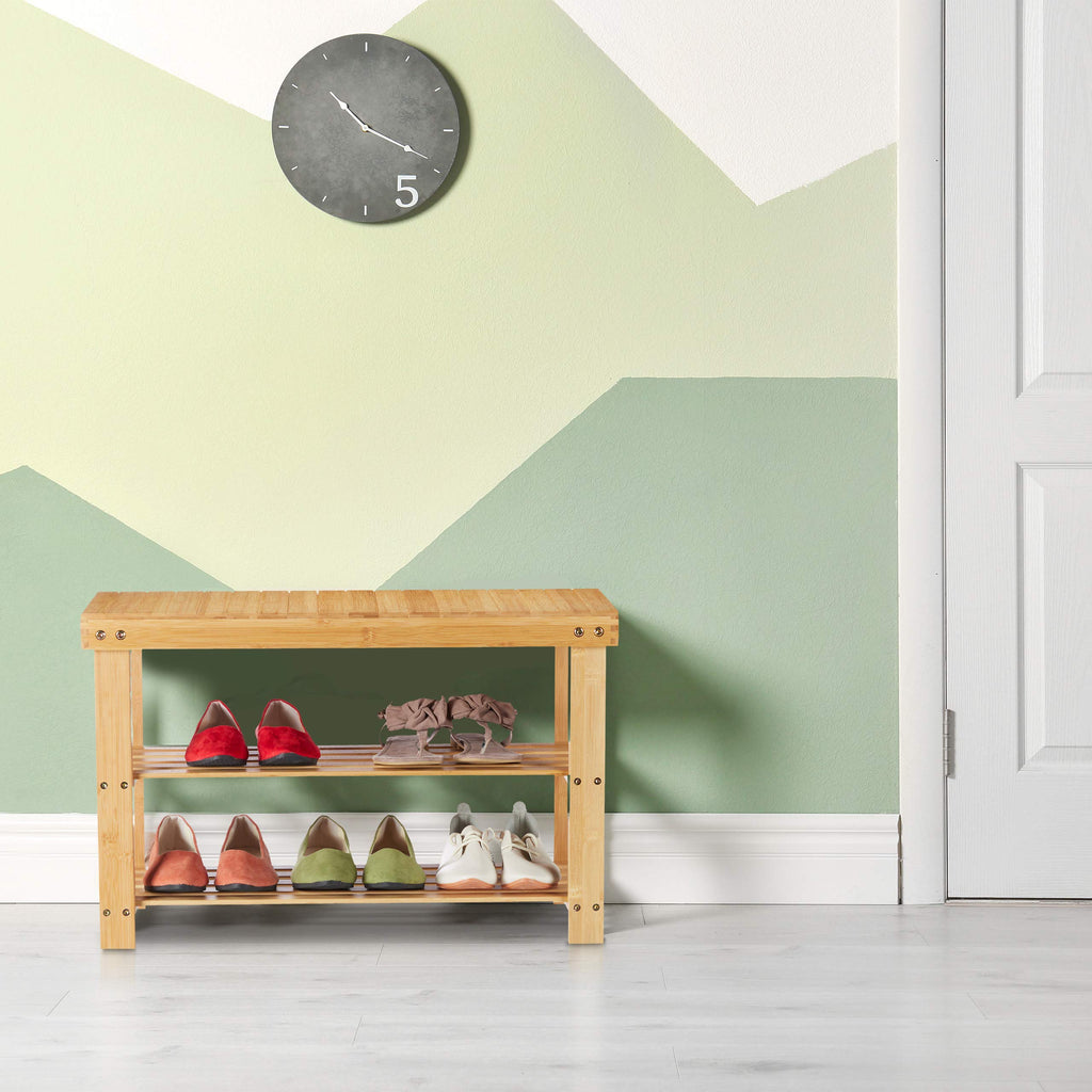Bamboo Shoe Rack, Bench & 2 Shelves, Hallway Seat, Footwear Storage, Organiser, 45 x 70 x 28 cm, Natural