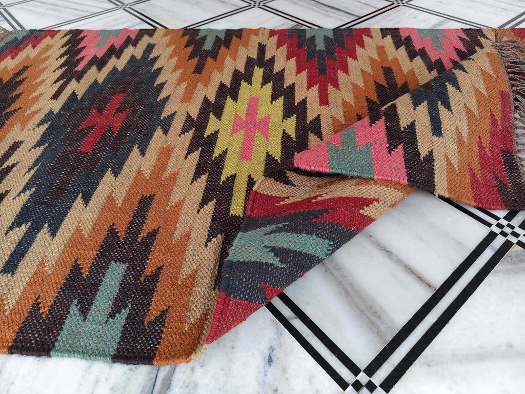 Art & Rugs 3'x5' Reversible Kilim Area Rug - Handwoven Wool & Jute Flatweave - Indoor/Outdoor Rug, Dining