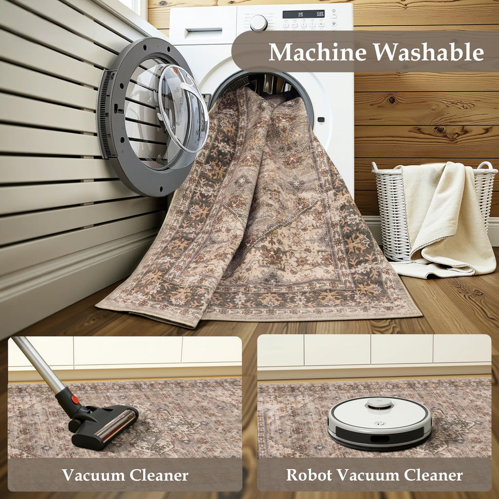 Washable Hallway Runner Rug, Vintage Non-Slip Low Pile Rugs Brown