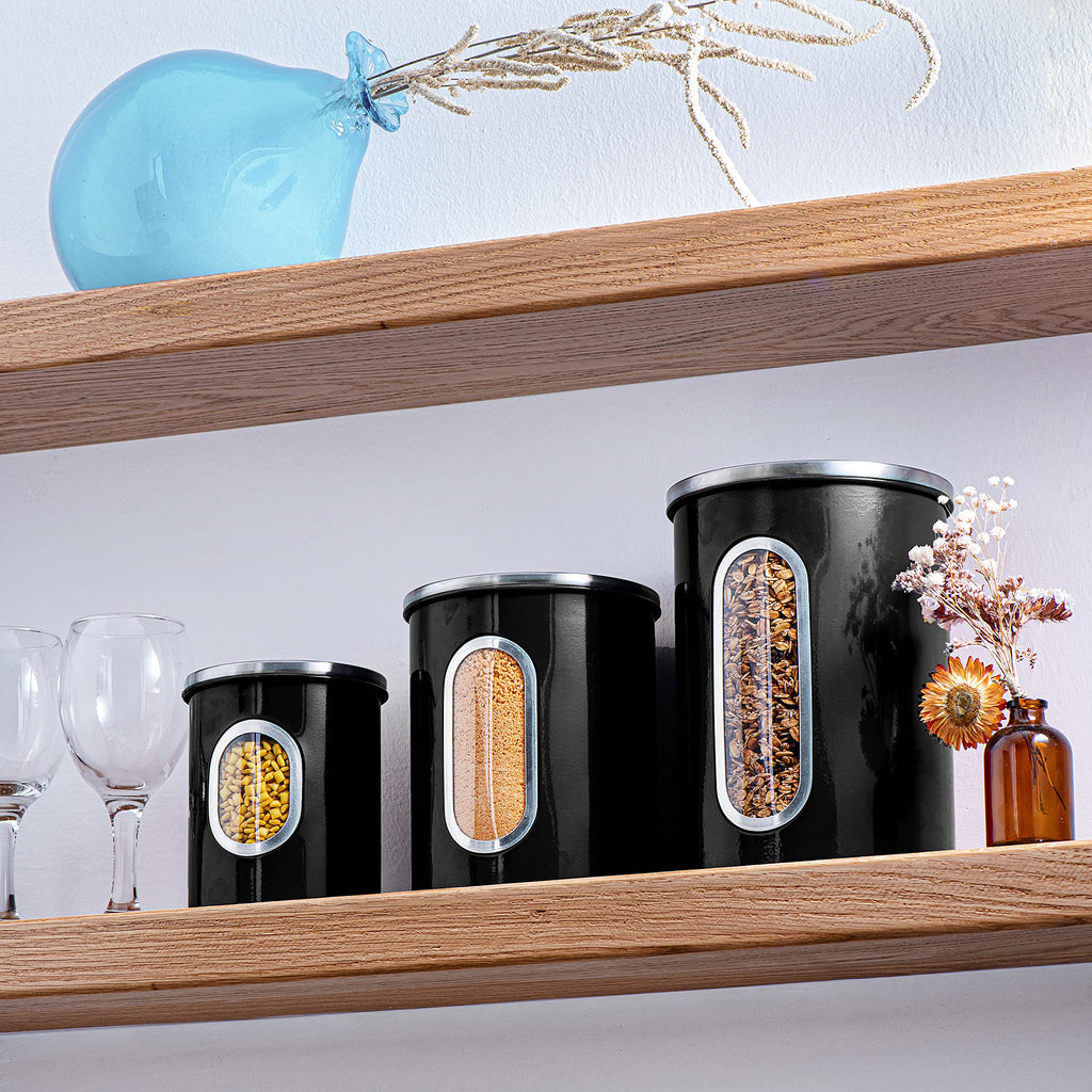 3-Pcs Black Canisters Set Storage Airtight Jars