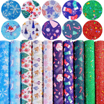 Christmas Snowflake Printed Faux Leather Sheets 8 x 12 Inch, Shiny Fine Glitter Fabric for Bows, Crafts, Earrings