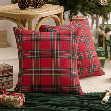 Christmas Plaid Decorative Throw Pillow Covers Red 20x20 Inches - Set of 2