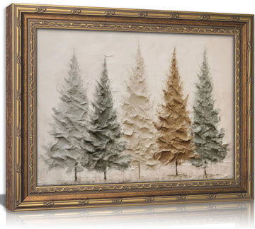 Vintage Gold Framed Christmas Tree Wall Art, 3D Textured Pine Tree Print