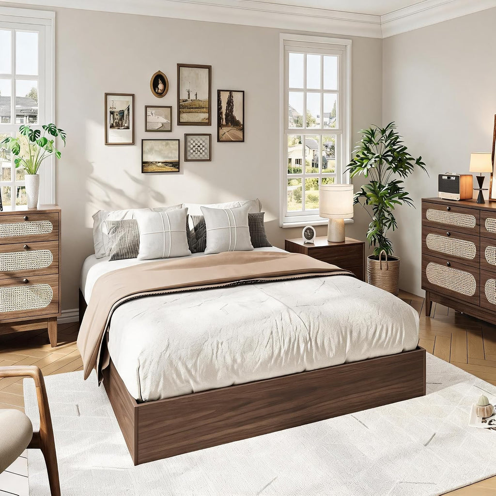 Modern Minimalist Solid Wood Floor Platform Bed Frame with Sturdy Wooden Slats, Noise-Free Support, No Box Spring