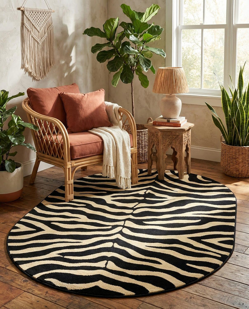 Savannah Rug - 5' Oval Black Easy-Clean Rug Modern Zebra Print s and Bedrooms