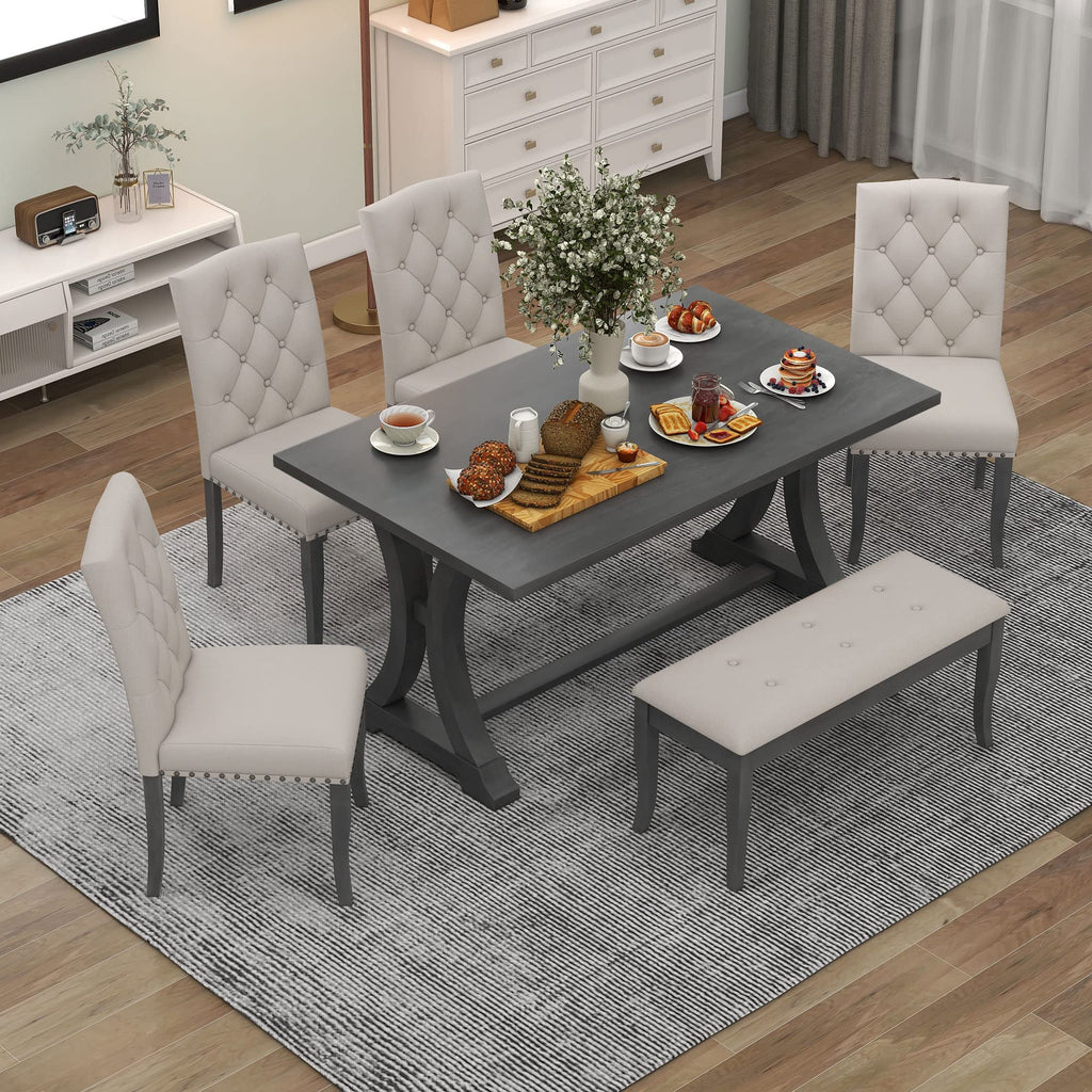 6-Piece Dining Table Set with Bench for 6 Rectangular Kitchen Table Set with 4 Chairs Retro Dining Room Table and