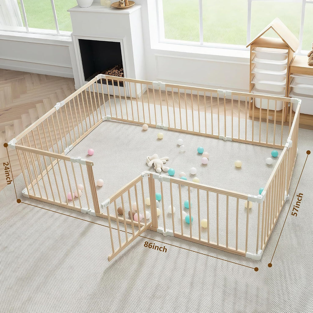 GGF Wooden Baby Playpen Foldable Play Yard with Gate 86"x58" Natural Wood