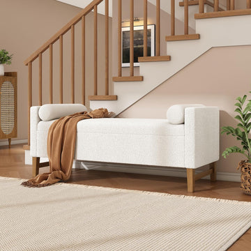 Boucle Upholstered Storage Bench 50.8" End of Bed Bench with 2 Round Pillows & Solid Wood Legs, Ample Hidden Storage