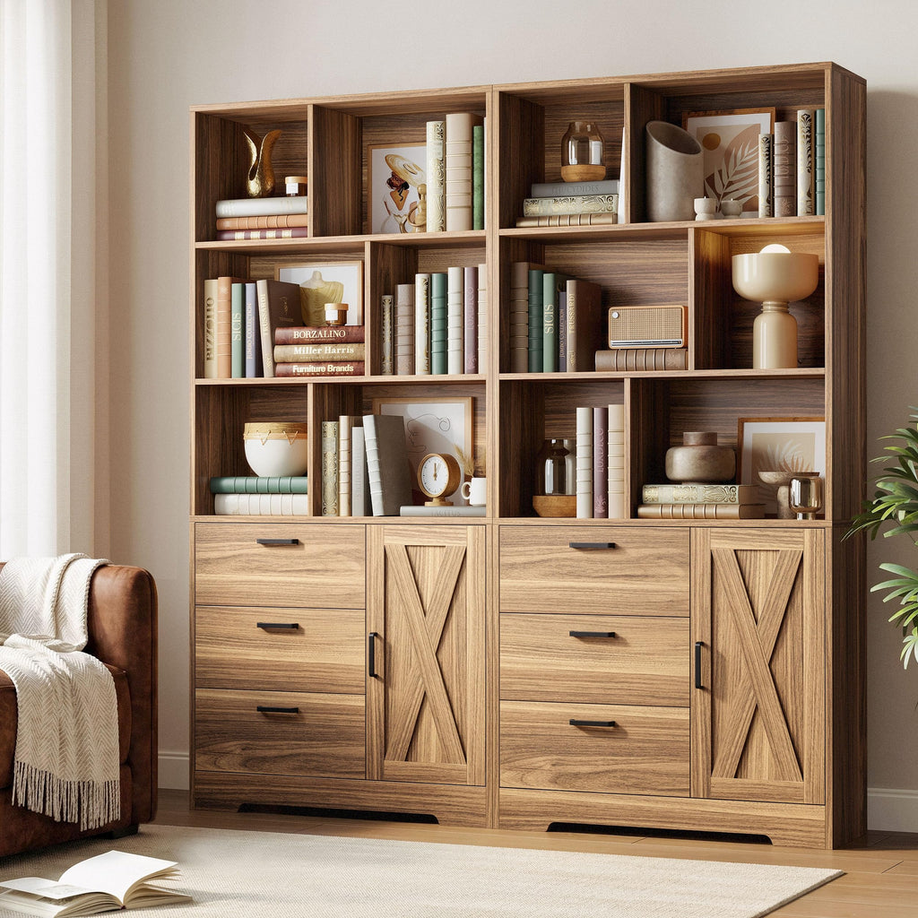 70.9-Inch Bookcase with Doors and 3 Drawers, Oak Brown