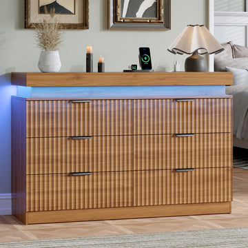 Fluted 6 Drawer Dresser with Charging Station, Walnut