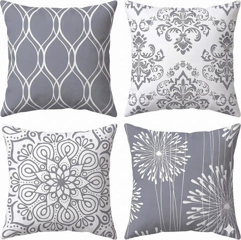 Decorative Throw Pillow Covers 18x18 Set of 4, Grey and White Modern Simple Square Pillow Case Cushion Cover, 18" x18")