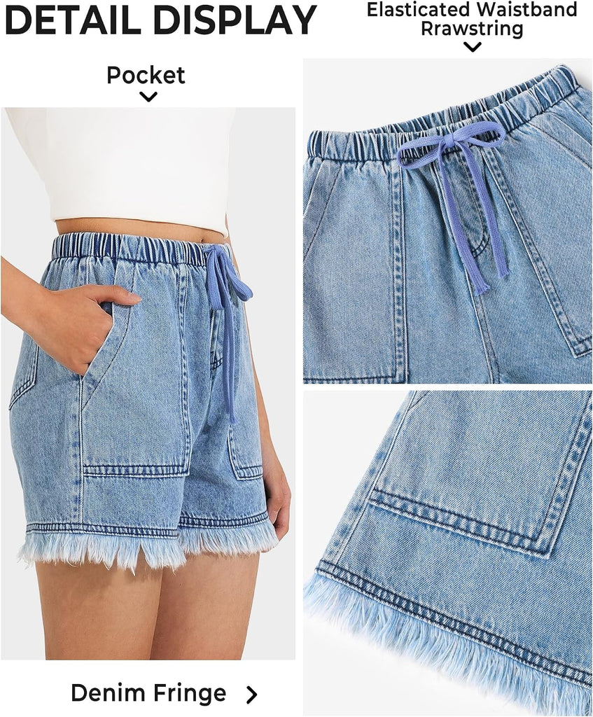 Girls Jean Shorts Denim Elastic Waist Drawstring Short for Teen Girl