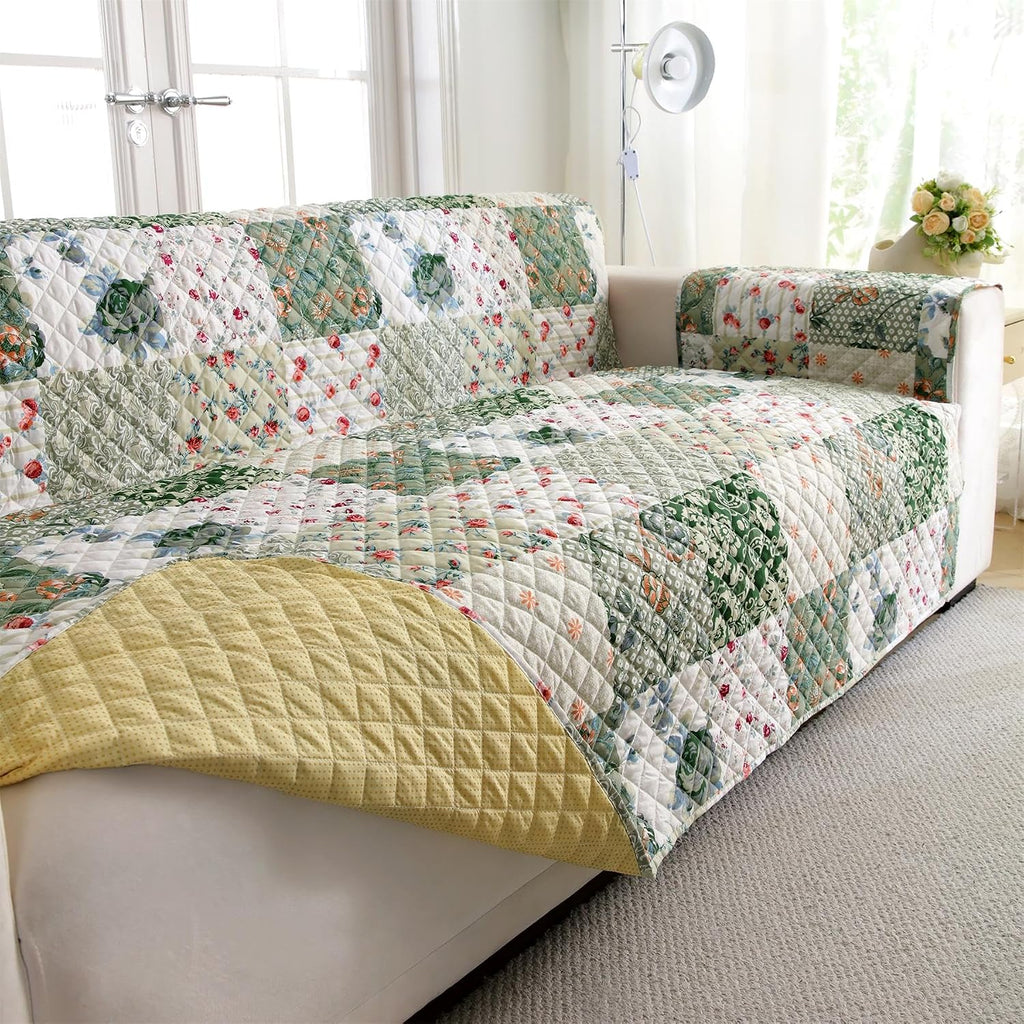 Skidproof Sofa Cover-Green Sofa Slipcover with Elastic Straps-Easy Fit Slip Cover-Patchwork Washable Furniture