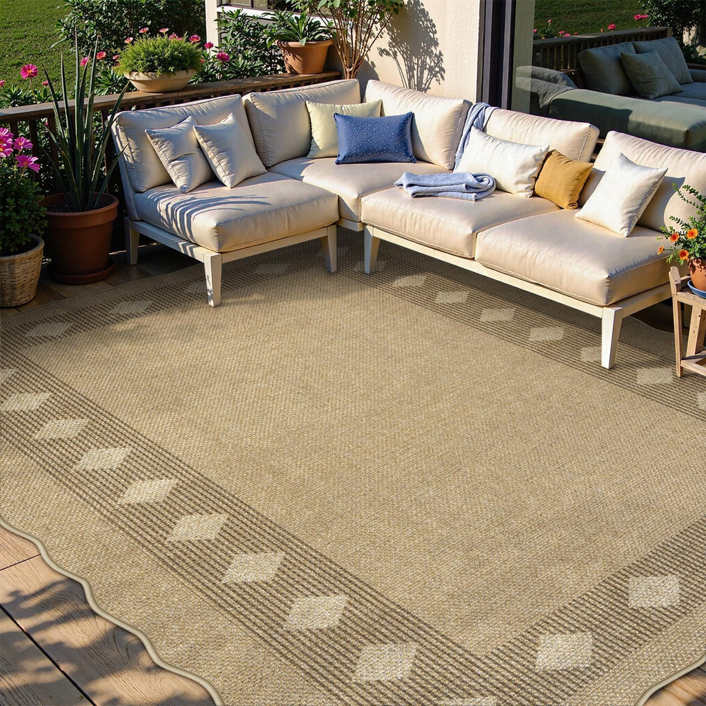 Scalloped Easy Jute Diamond Outdoor Rug Living Room, Washable 8x10 Farmhouse Tan Rug, Geometric Checkered Indoor