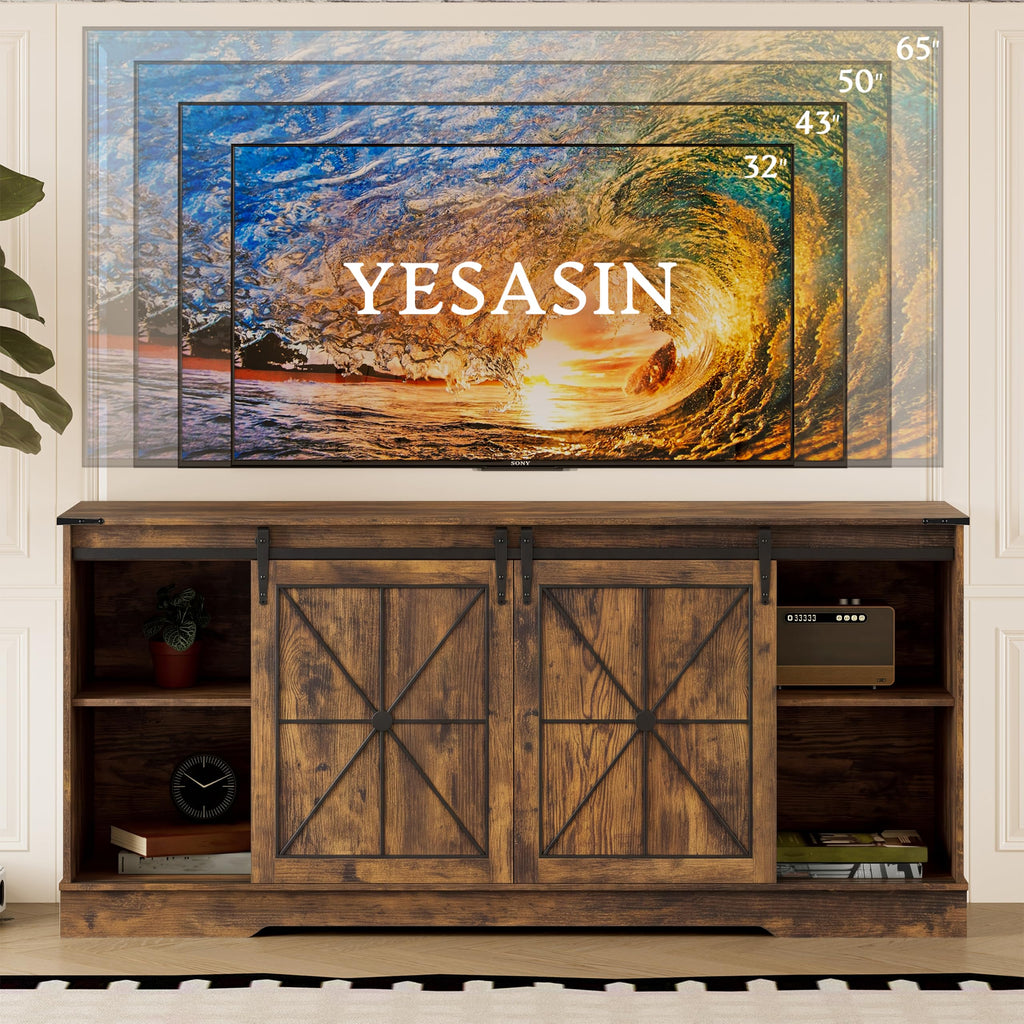 Farmhouse TV Stand for 65 Inch TV with Sliding Barn Doors, Brown