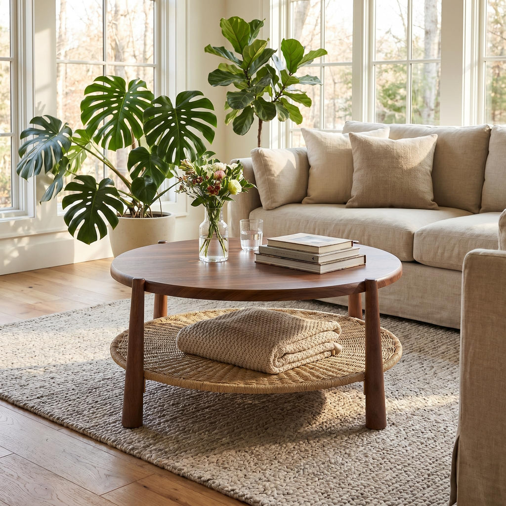 Round Coffee Table with Woven Storage Shelf, Walnut Brown