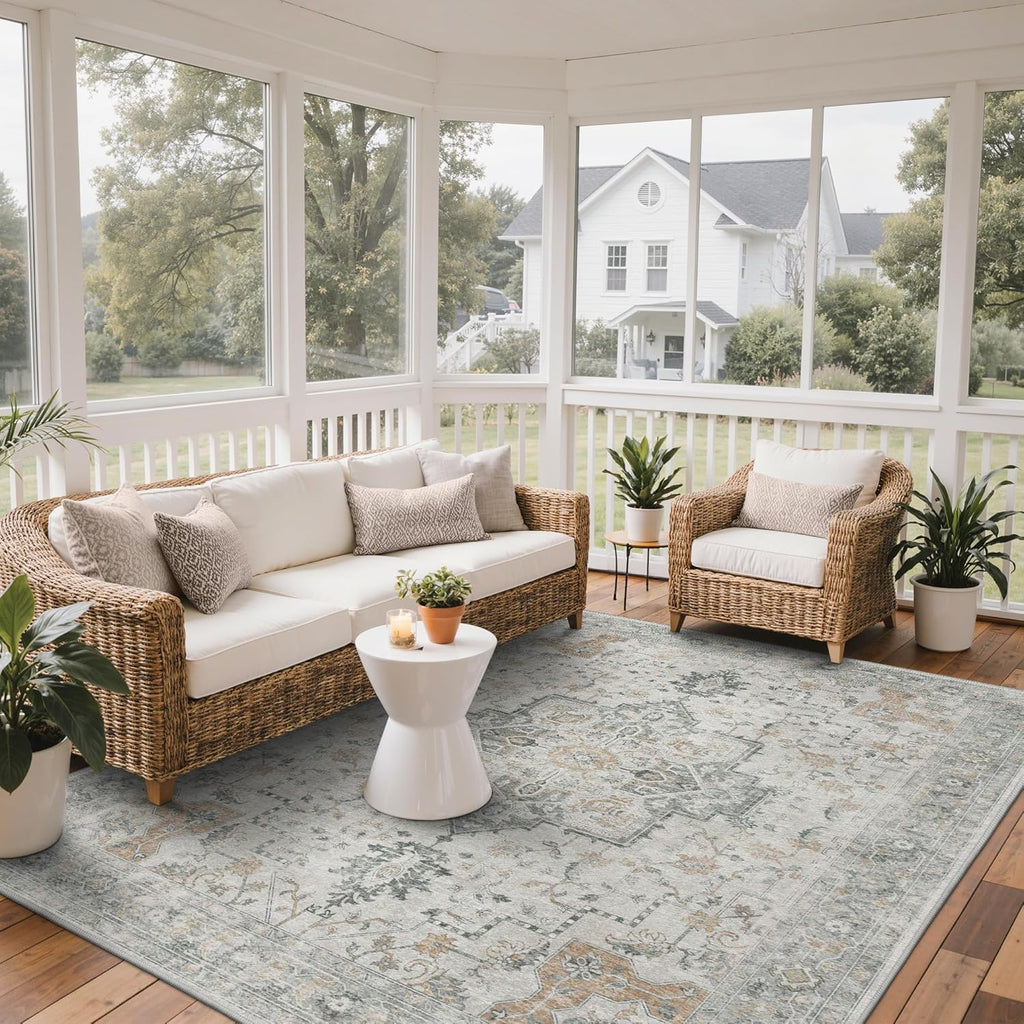 Outdoor & Indoor Area Rug 8'x10', Waterproof, Non-Shedding, Easy Cleaning, Boho Mat for Patio, Livin