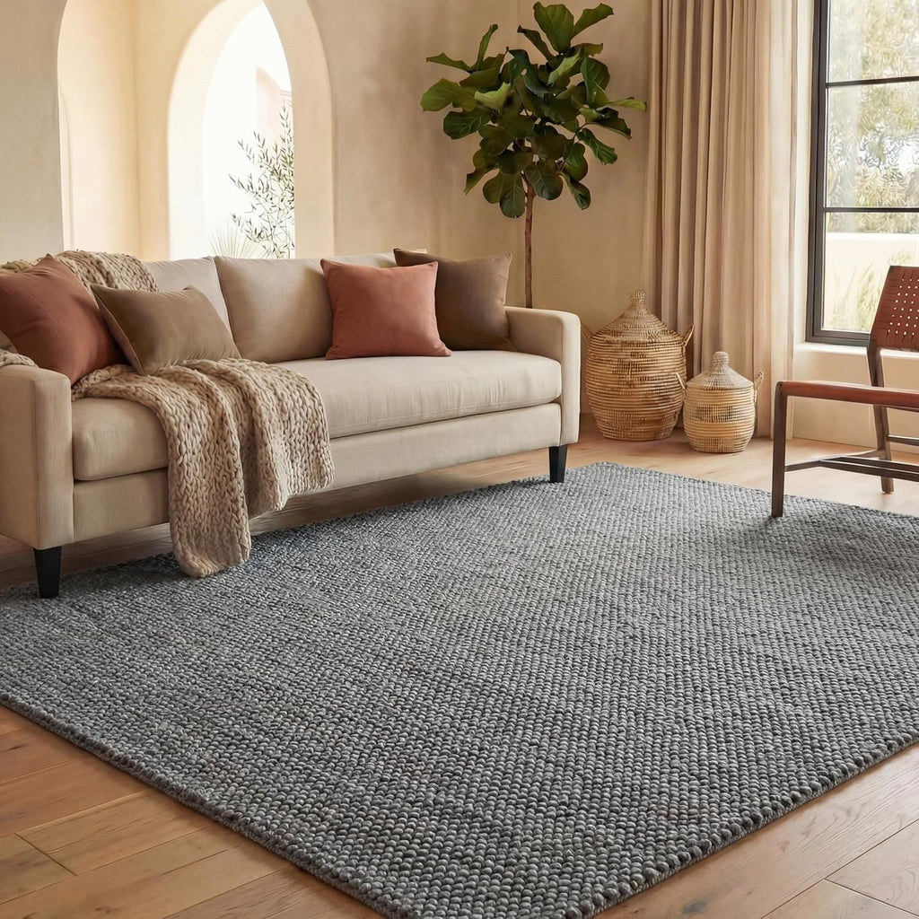 Area Rug 9x12 - Natura - Large - Dark Grey, Handmade Wool Blend, Textured Design