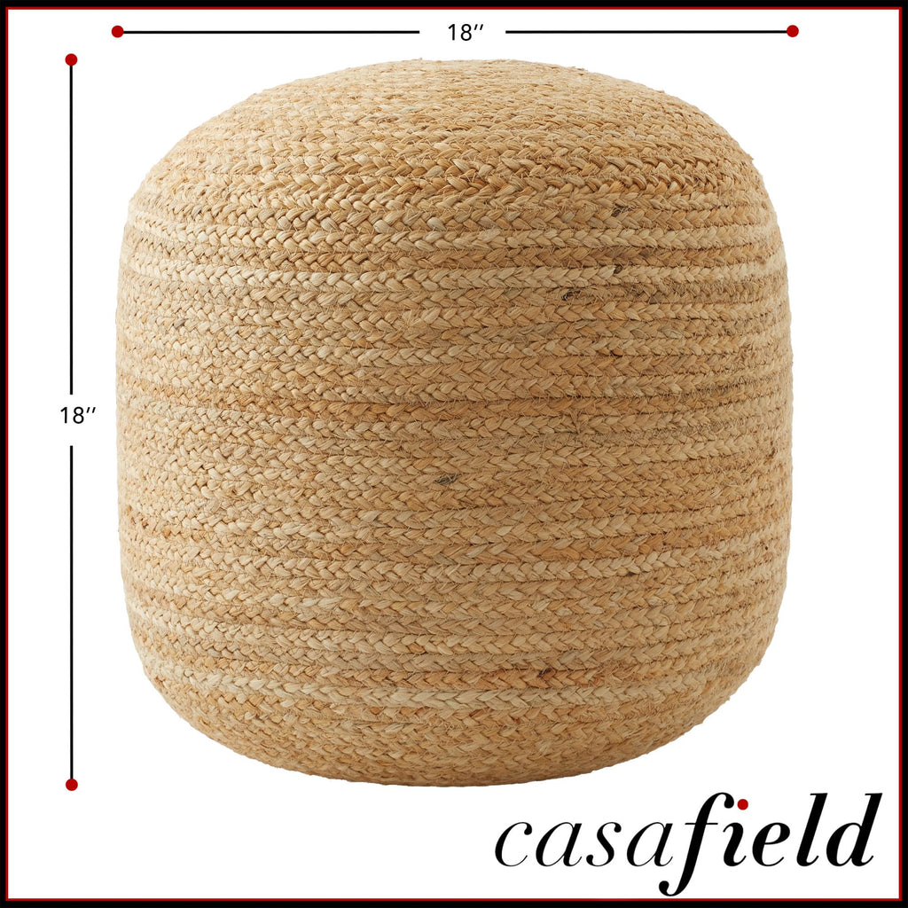 Hand-Braided Jute Pouf Ottoman Footrest, 18" W x 18" D x 18" H - Round, Natural Woven Boho Floor Cushion, Home Decor