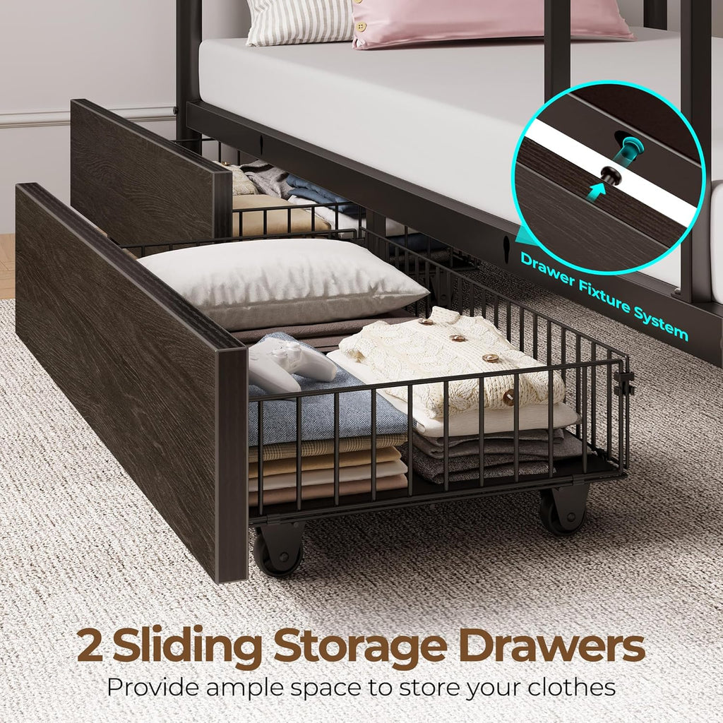 Metal Bunk Bed Twin Over Twin with USB Charging Station, LED Bunk Bed with 2 Storage Drawers