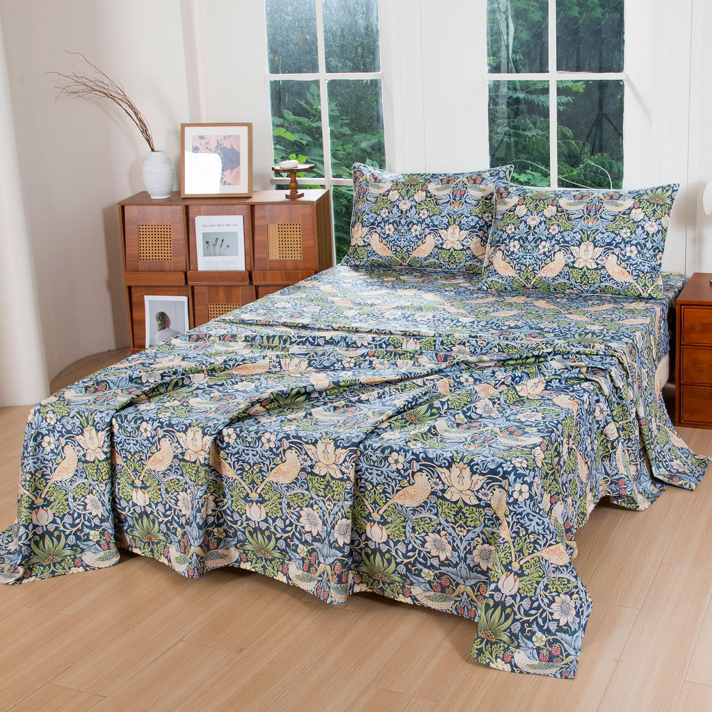 King 100% Egyptian Cotton Sheets Set 4 Piece, Vintage Botanical Floral Bird Print, Luxury Soft Breathable Cooling