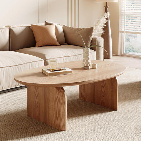 Modern Oval Coffee Table, Small Coffee Tables - Oak Wood Top with Solid Legs, Wooden Center Table Easy Assembly &Be...