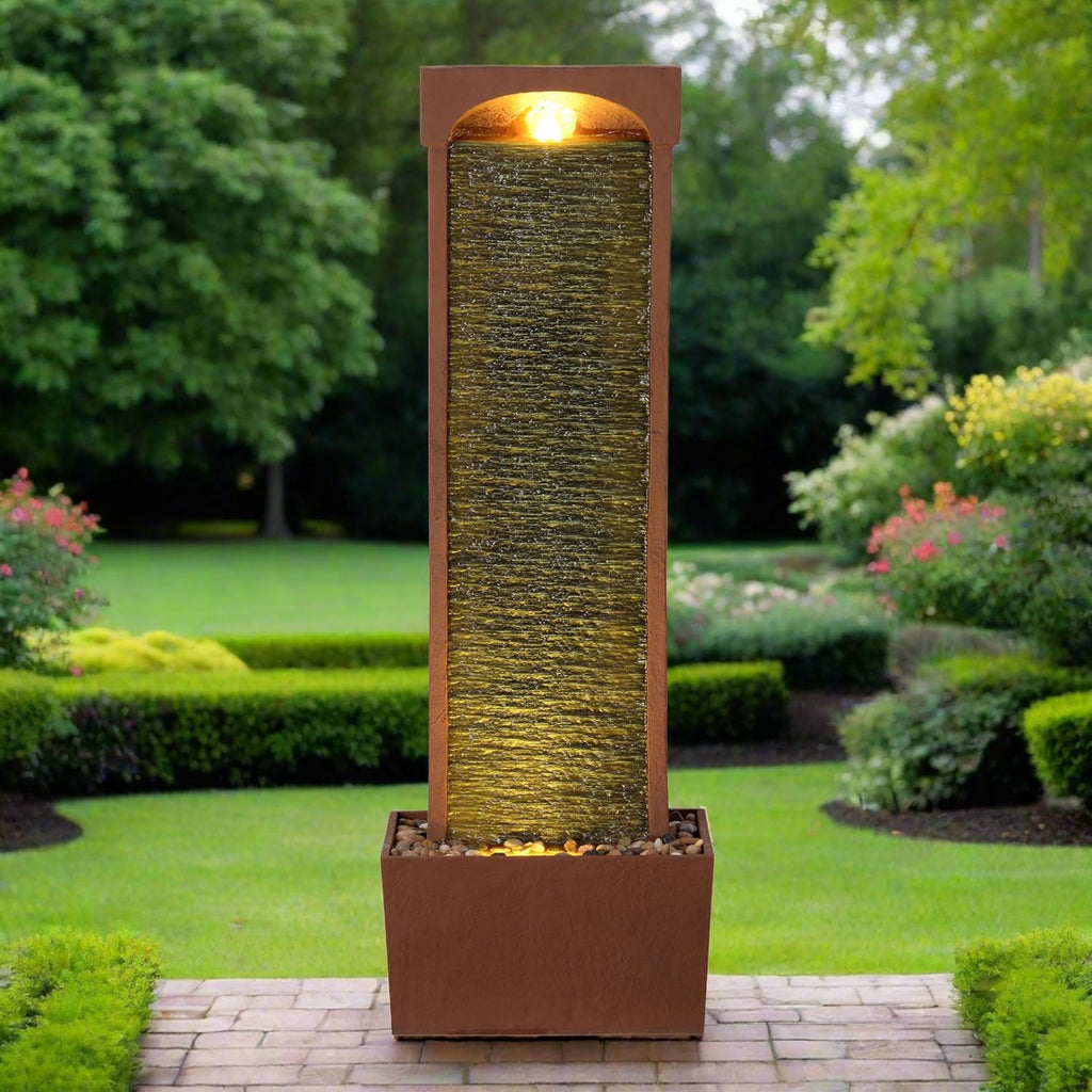 38.5" Modern Curved Faux Slate Waterfall Fountain with LED Lights, Red Rock