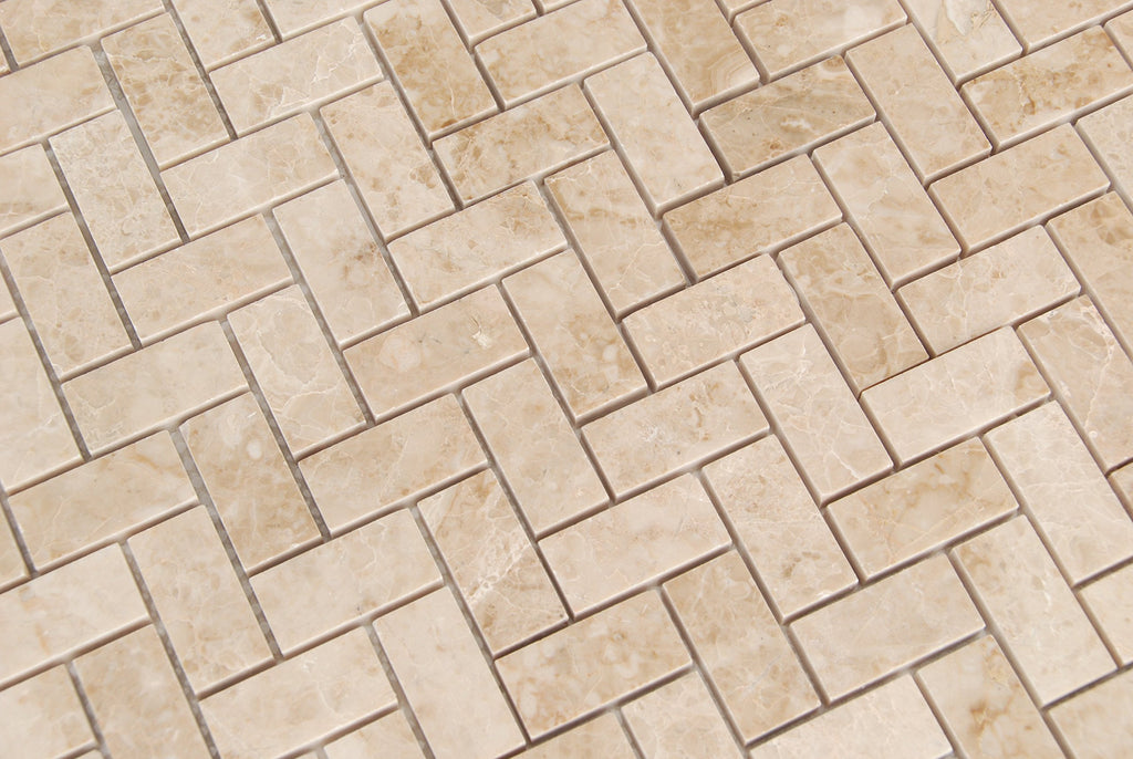 Crema Cappuccino Marble 1 X 2 Herringbone Polished Mosaic Tiles - Premium Quality (LOT of 5 Sheets)