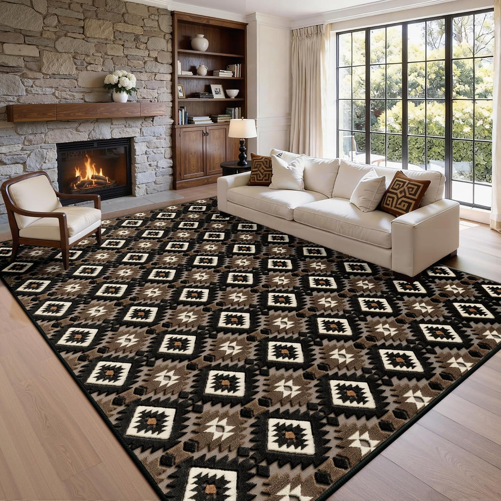 Brown Aztec 8x10 Area Rugs High-Low Plush Pile Western Washable Rug